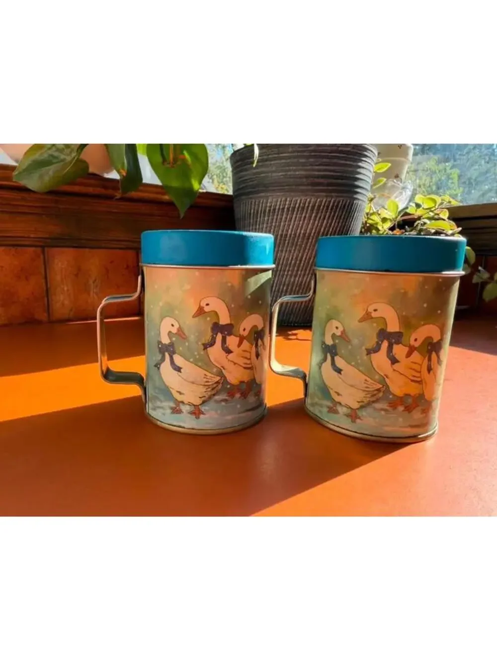 Vintage Goose Duck Flour Sugar Shaker Set Metal Kitchen Canisters Blue Farmhouse